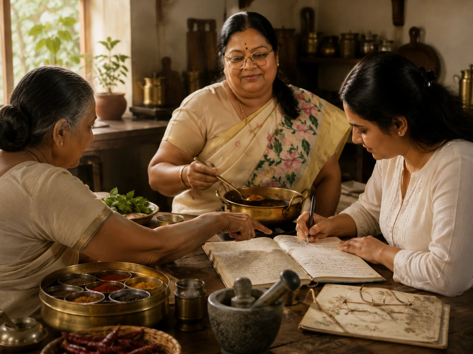 Three generations of women recording recipes together