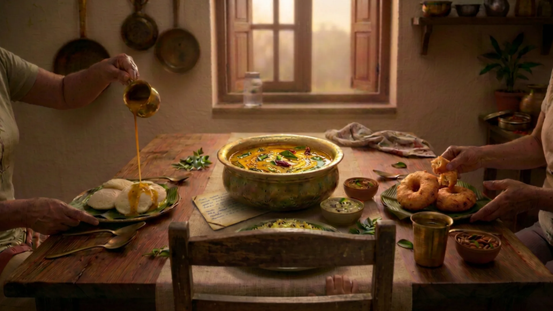 A beautiful South Indian breakfast spread on a family table